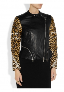 Leopard-print ribbed leather jacket