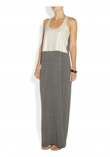 Leather-trimmed stretch-jersey maxi dress